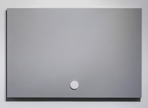 A minimalistic artwork featuring a muted grey background with a white circular button-like detail positioned in the lower middle section.