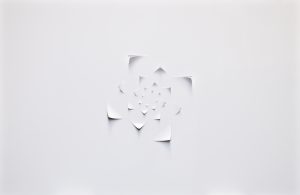 Abstract artwork featuring a series of intricately cut, overlapping white paper shapes arranged in a circular, spiral-like pattern. The layered elements create depth and shadow, adding dimension to the otherwise minimal composition on a white background. The piece invites viewers to explore subtle shifts in light and form, with a delicate interplay of curves and sharp angles.